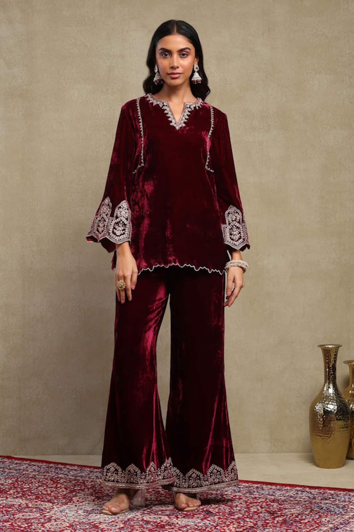 Dohr India Velvet Dori Embroidered Top & Pant Set 