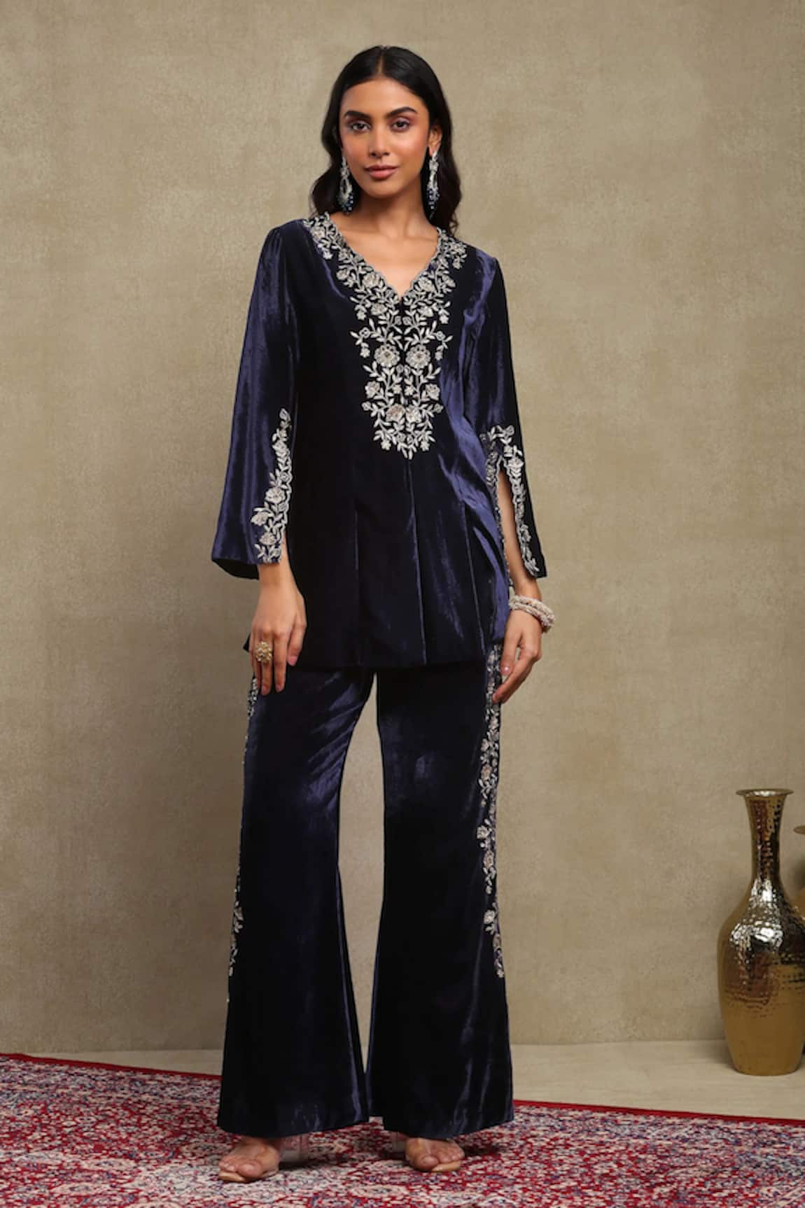 Dohr India Sequin Embroidered Velvet Top & Pant Set 