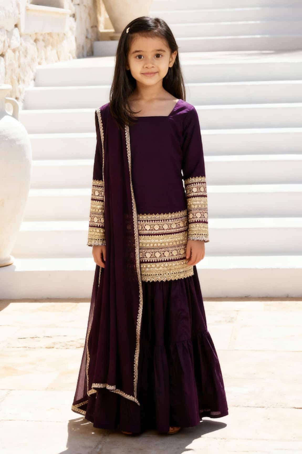 Fayon Kids Embroidered Glace Cotton Kurta Sharara Set 