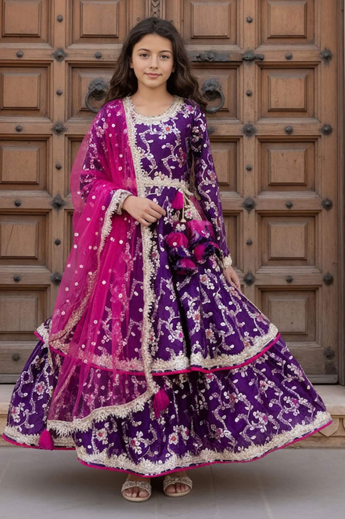 Fayon Kids Brocade Anarkali With Net Dupatta 