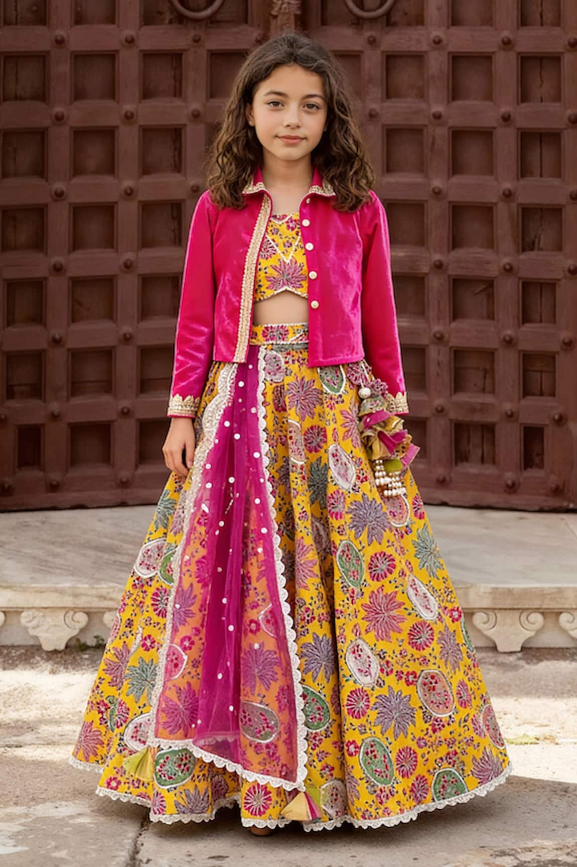 Fayon Kids Floral Print Lehenga Set With Jacket