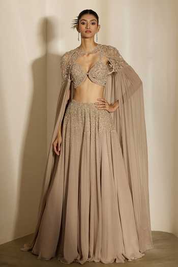 Shloka Khialani Zaria Self & Silver Embroidered Lehenga Corset & Cape 
