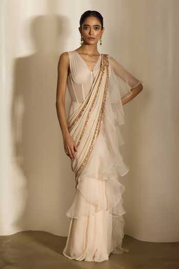 Shloka Khialani Clara Corset Netted Saree Gown With Tassel Embroidery 