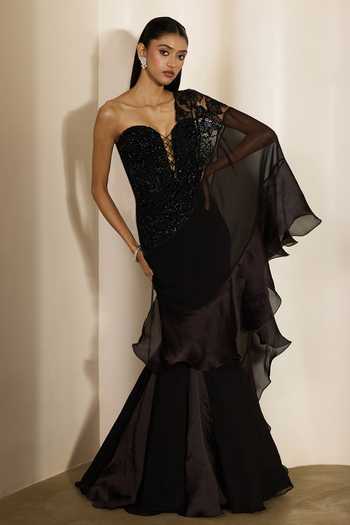Shloka Khialani Nila Fishtail Saree Gown With Abstract Floral Embroidery 
