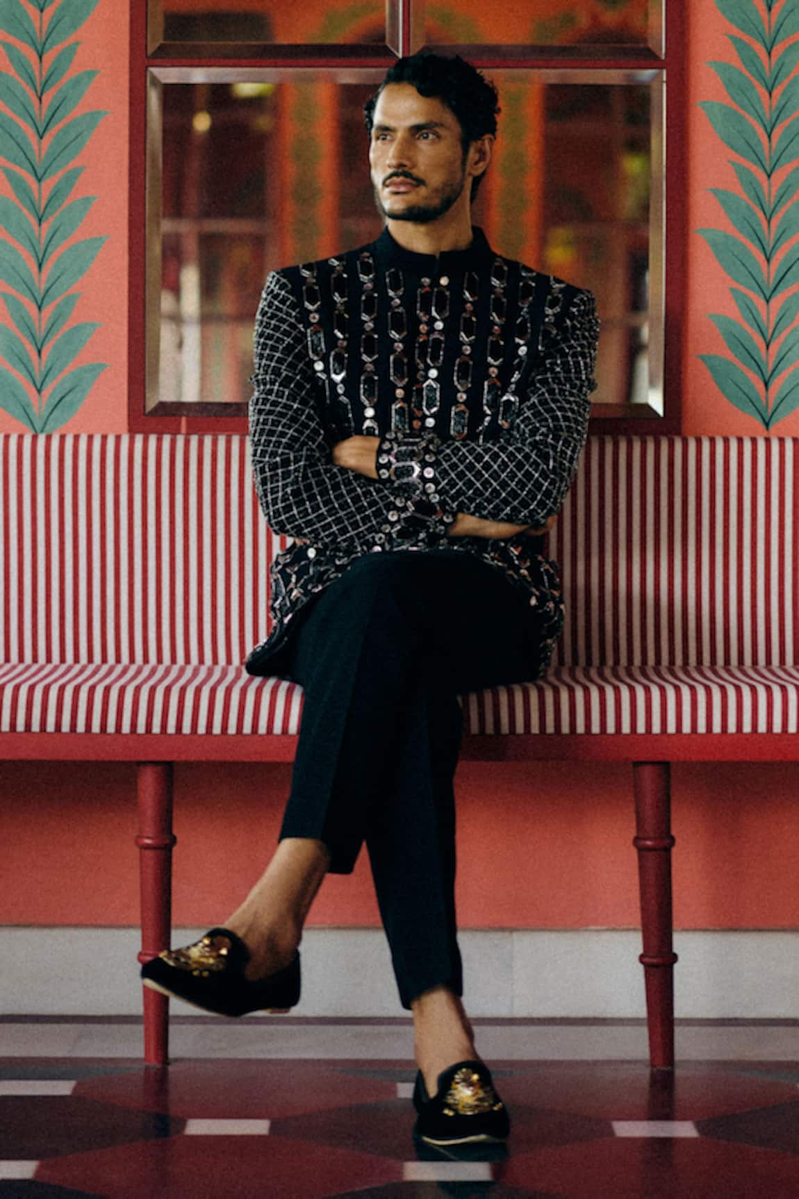 Papa Dont Preach Midnight Prism Geometric Hand Embroidered Jacket & Pant Set 