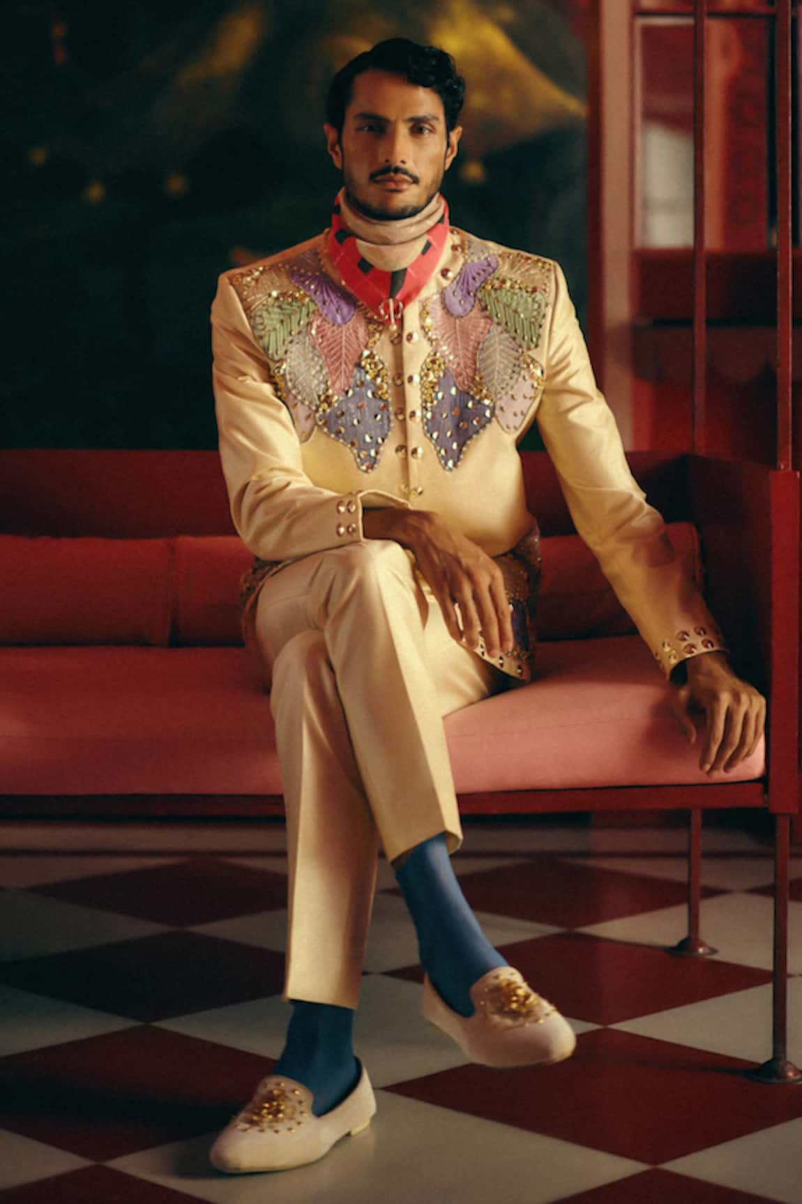 Papa Dont Preach Pastel Majesty Hand Embroidered Feather Motif Jacket & Pant 