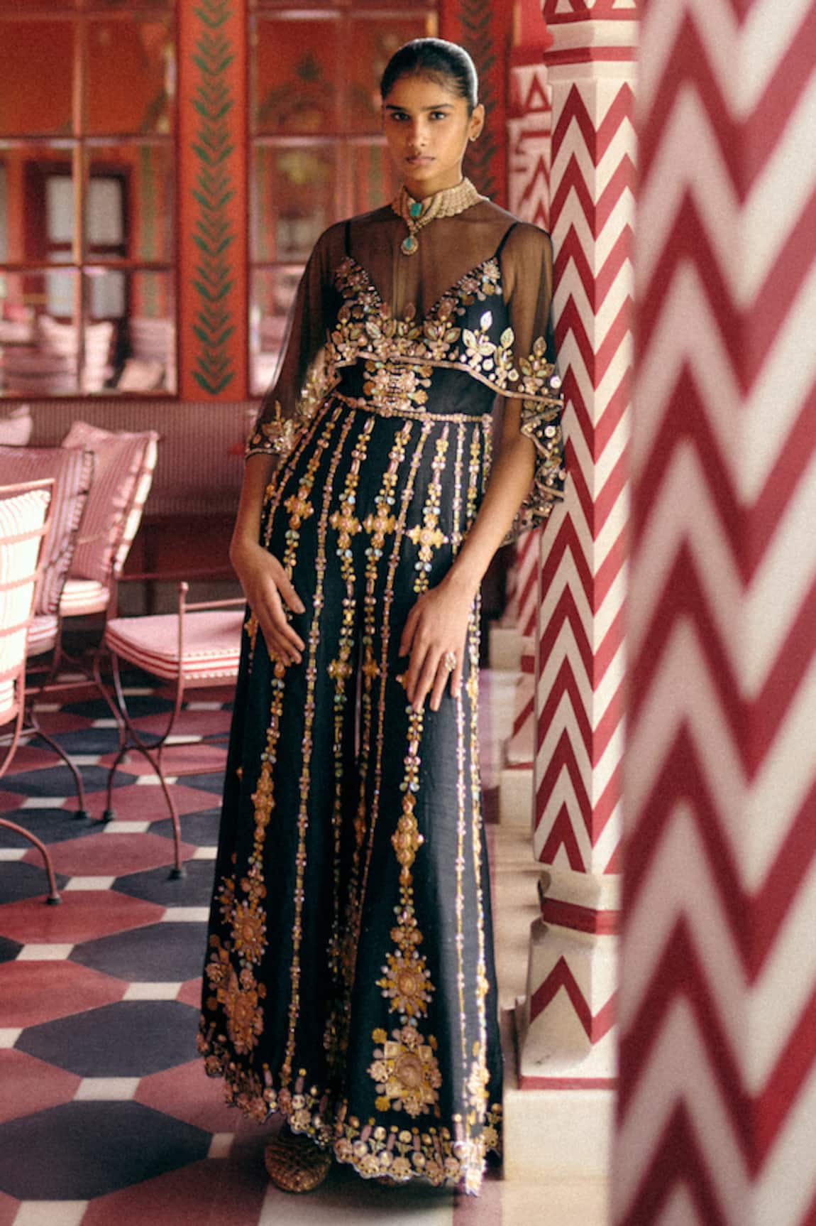 Papa Dont Preach Haloed In Gold Hand Embroidered Jumpsuit With Belt & Cape 