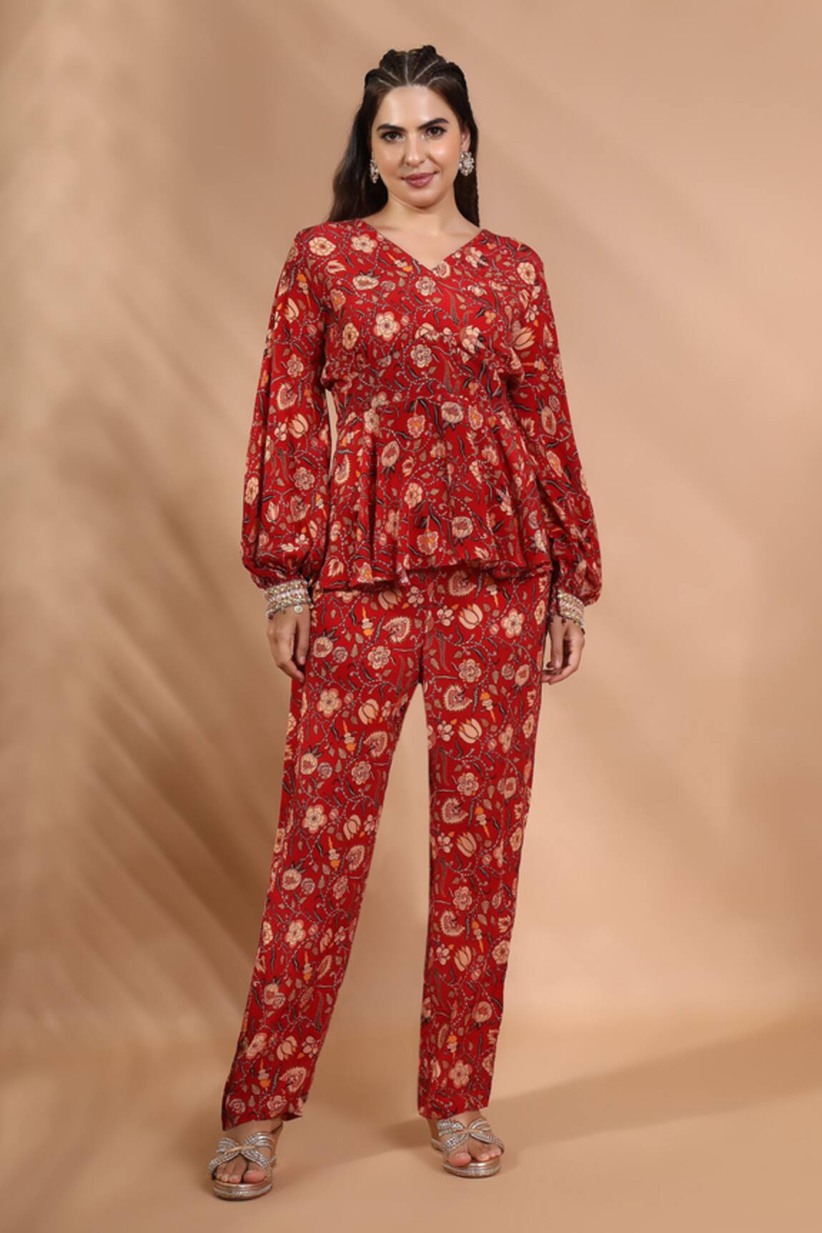 Shreya J Label Floral Print Peplum Kurta & Pant Set 