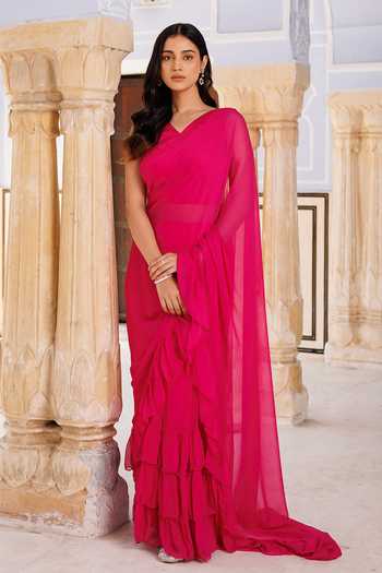 Geroo Jaipur Ruffle Pre-Draped Saree With Unstitched Blouse Piece 