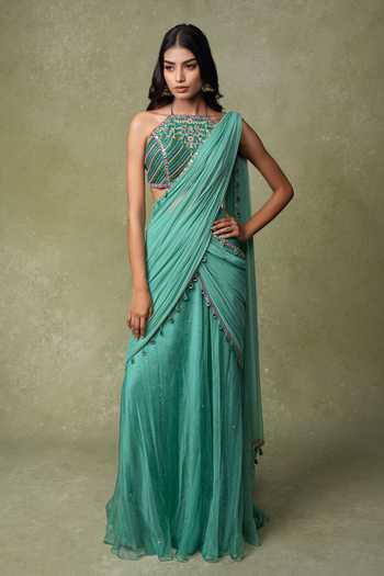 AMRIN KHAN Pre-Draped Saree & Embroidered Blouse Set 
