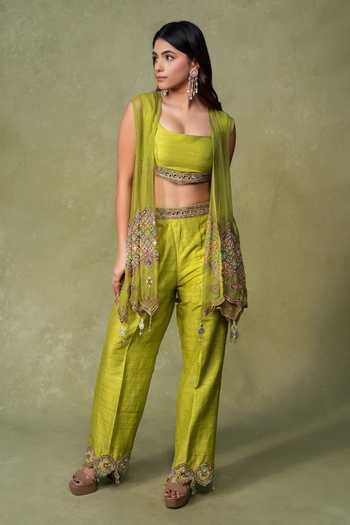 AMRIN KHAN Asymmetrical Mirror Work Jacket Pant Set 