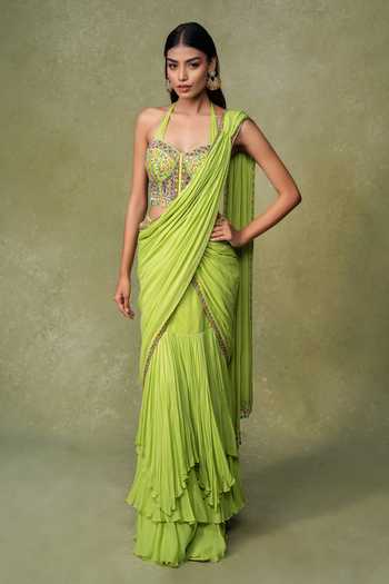 AMRIN KHAN Tiered Pre-Draped Saree & Embroidered Blouse Set 