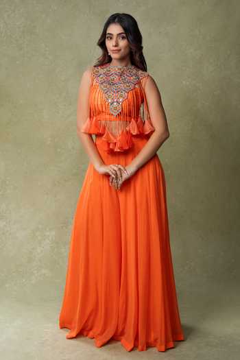 AMRIN KHAN Embroidered Bib Crop Top & Palazzo Set 