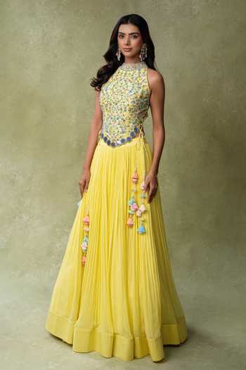 AMRIN KHAN Floral Cutdana Work Blouse & Flared Lehenga Set 