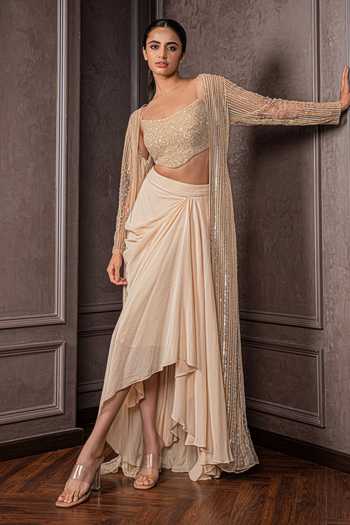 AMRIN KHAN Sequins & Cutdana Embroidered Cape Skirt Set 
