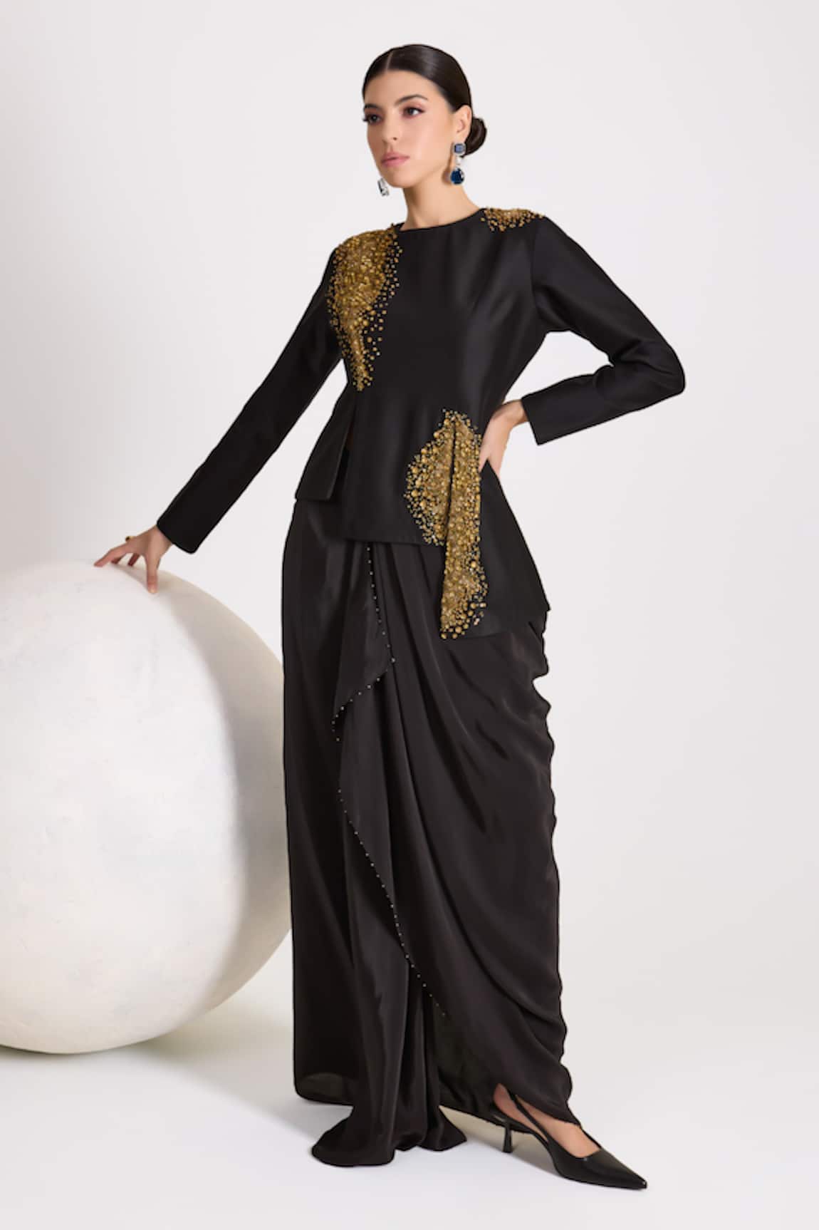 RICHA AHLUWALIA Black Embroidered Jacket Skirt Set 