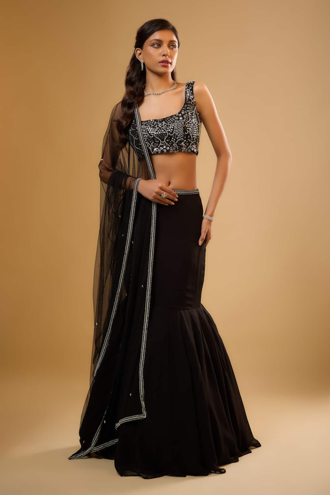 Renee label Imara Black Embroidered Fishcut Lehenga Set