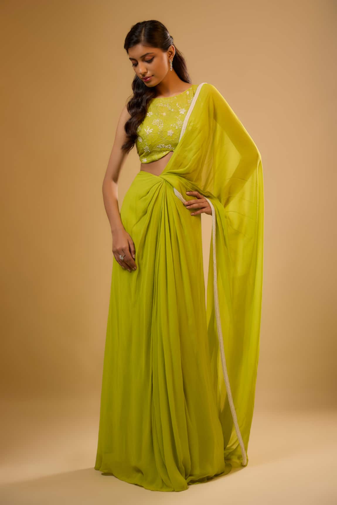Renee label Hoor Citrus Green Pre-Stitched Saree With Blouse 