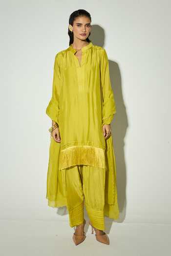Basanti Kapde aur Koffee Green Silk Embroidered Kurta & Pant Co-ord Set 