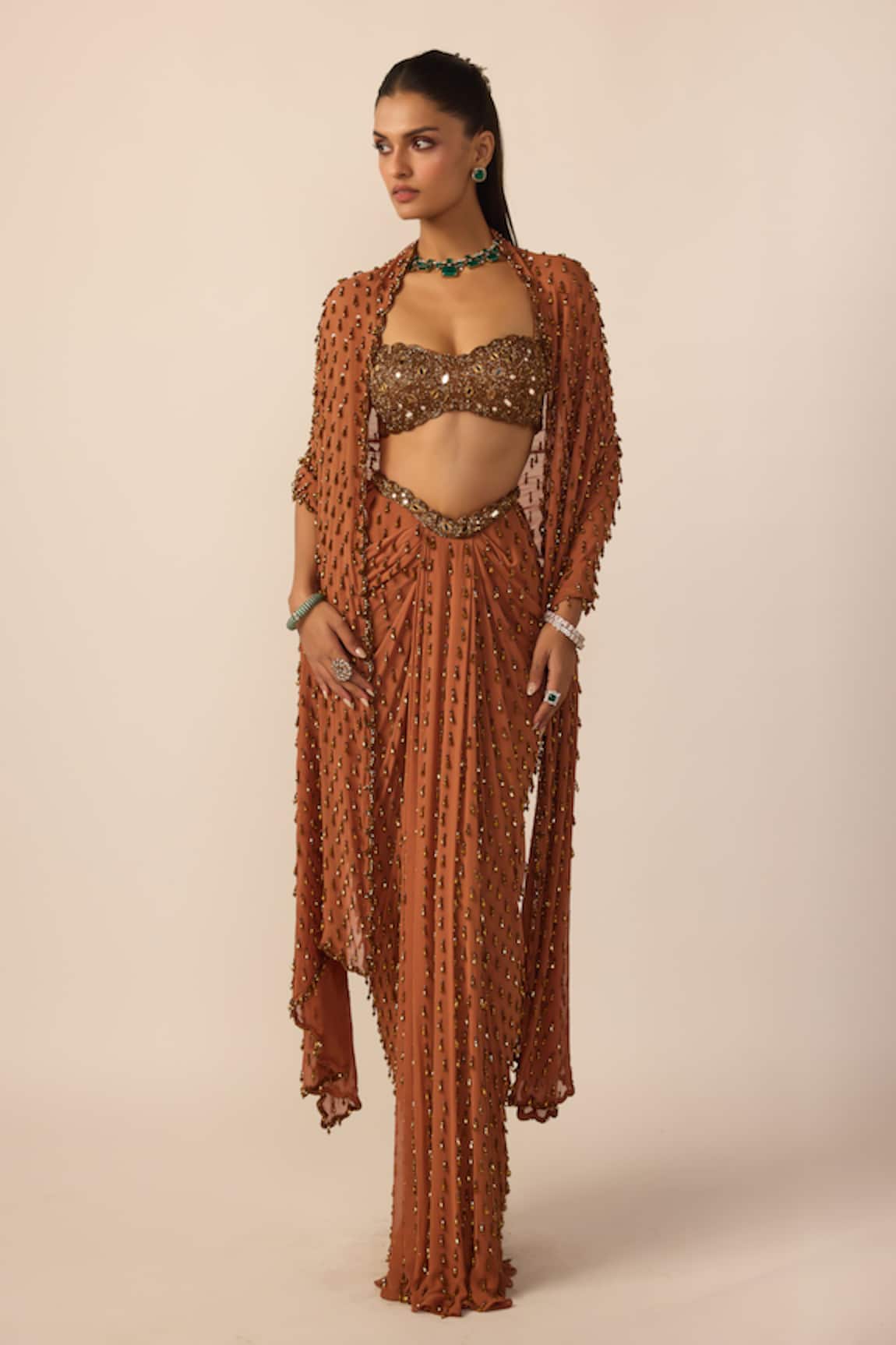 Vvani by vani vats Metallic Single Drop Embellished Draped Skirt Set 