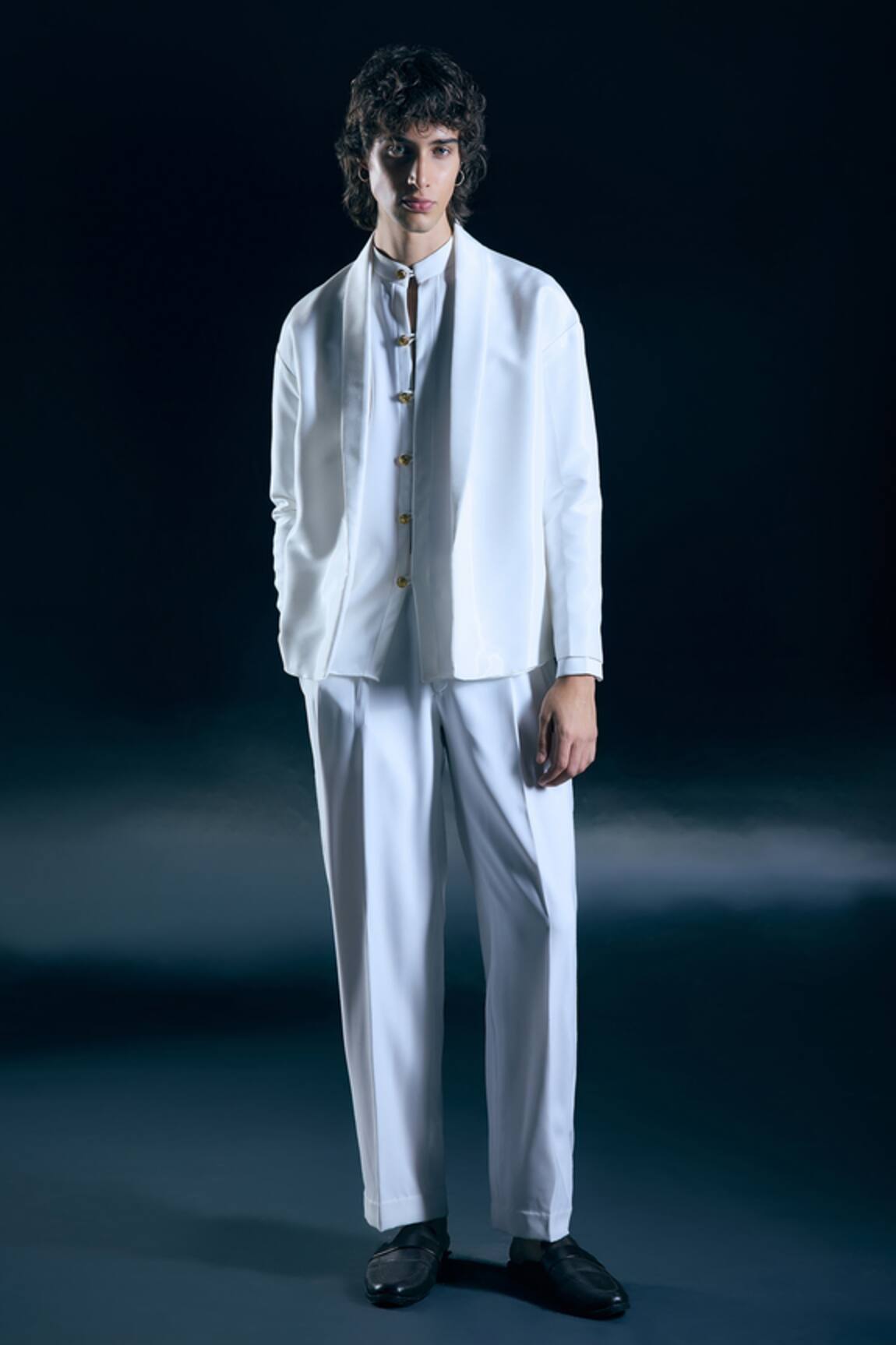 Nirmooha Aether Aura Ivory Glass Satin Jacket Trousers Set 