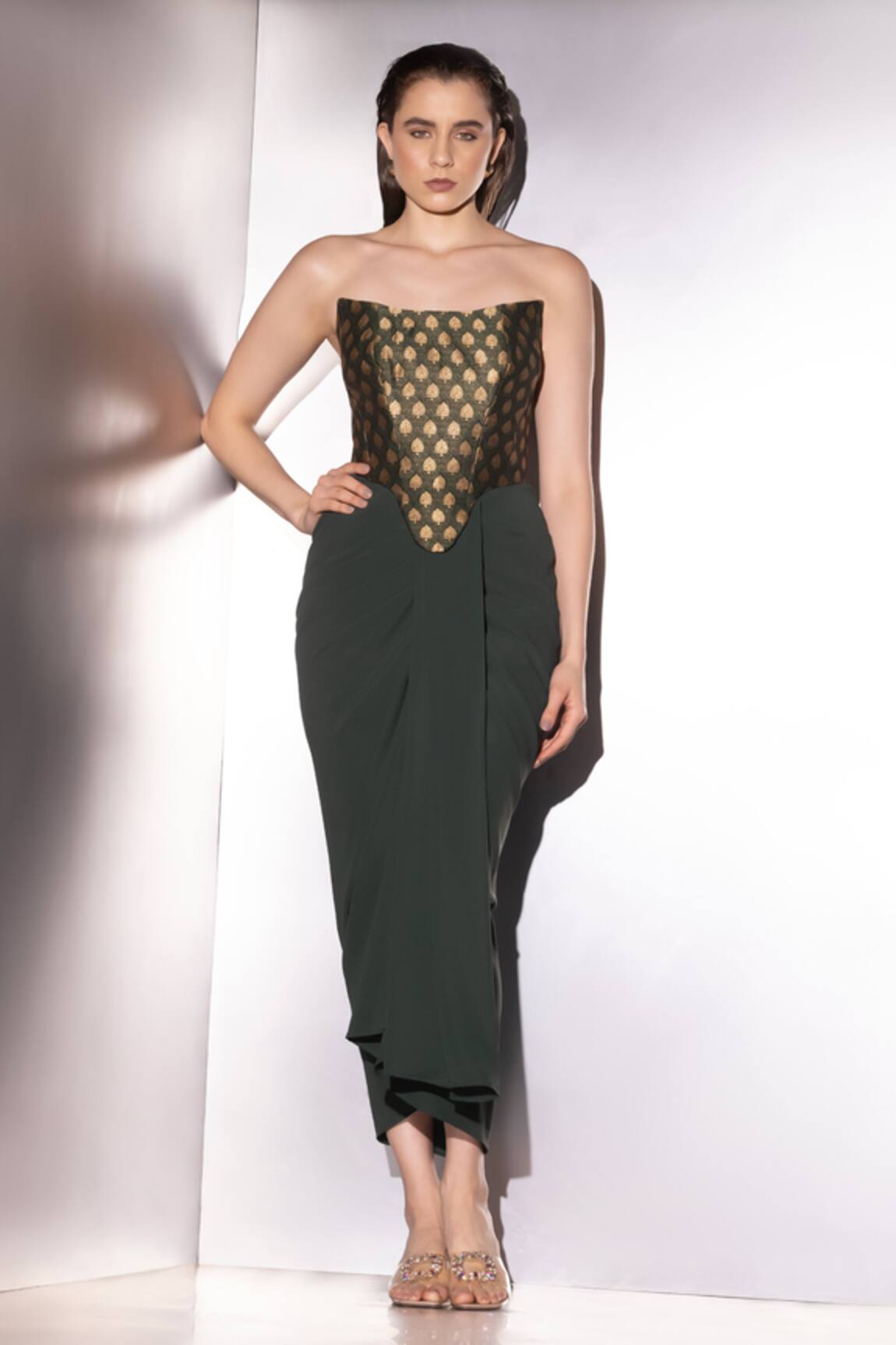 Label Muslin Brocade Corset & Draped Skirt Set 