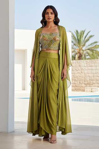 Basanti Kapde aur Koffee Green Chinon Embroidered Cape Set