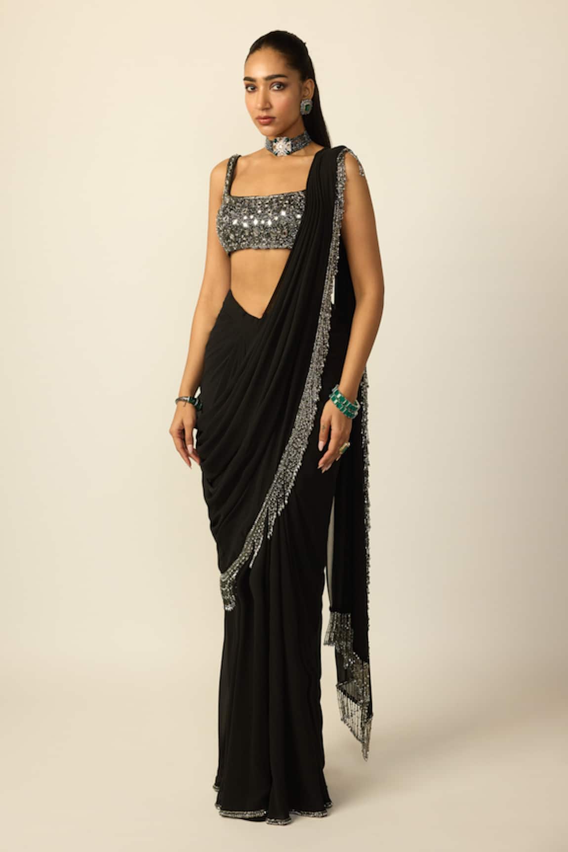 Vvani by vani vats Tassel Pre-Draped Saree With Embroidered Blouse