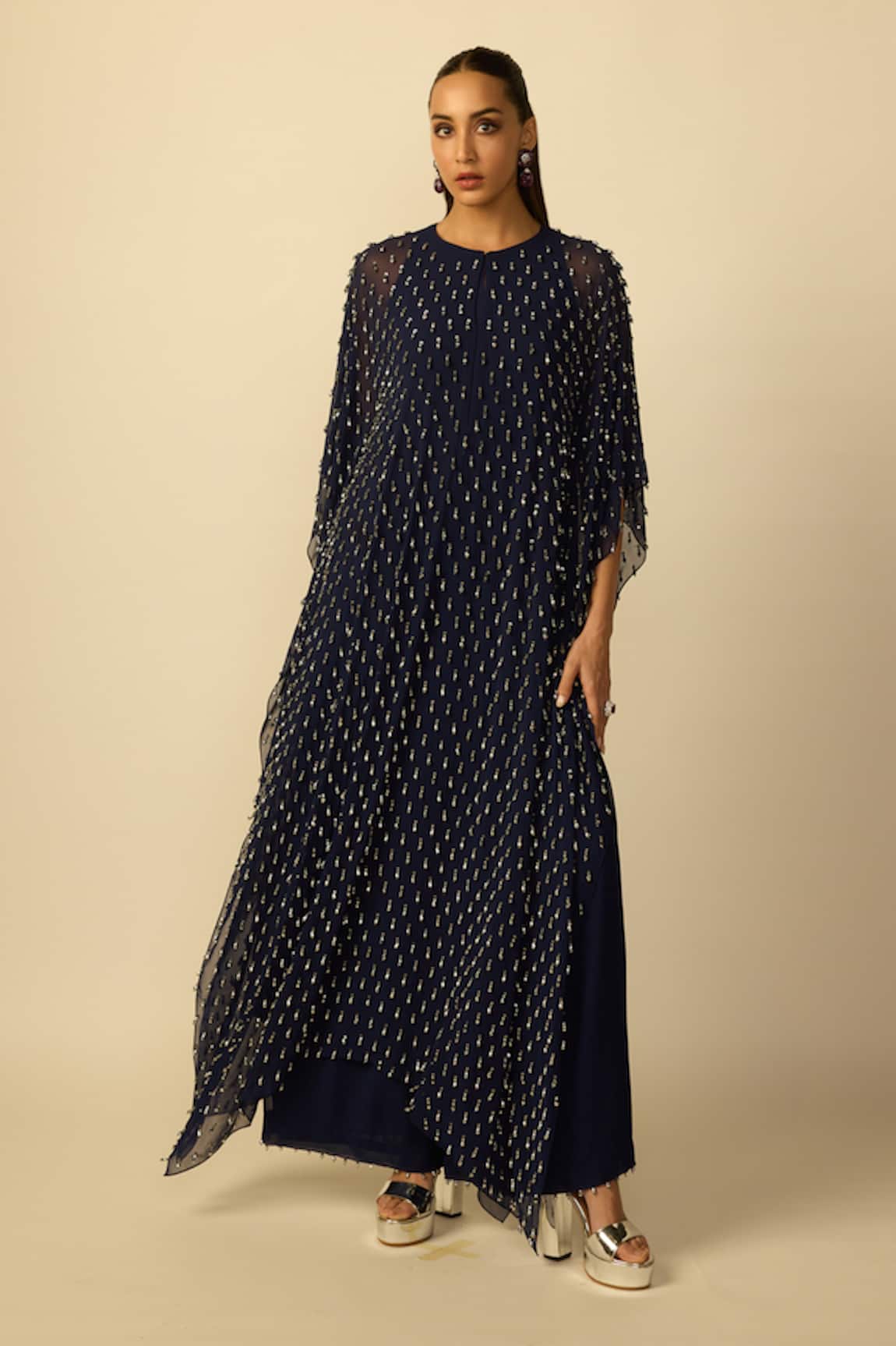 Vvani by vani vats Drop Embellished Deep Blue Kaftan & Pant Set