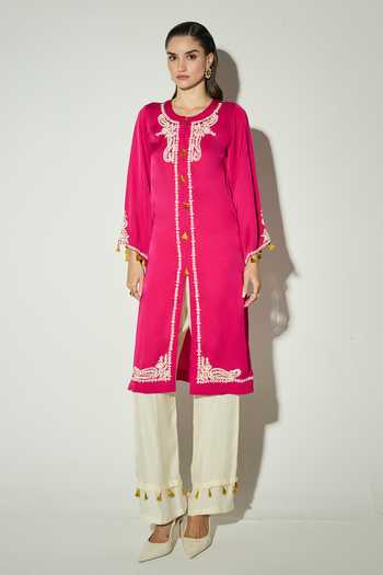 Basanti Kapde aur Koffee Rani Pink Satin Embroidered Kurta & Palazzo Set 