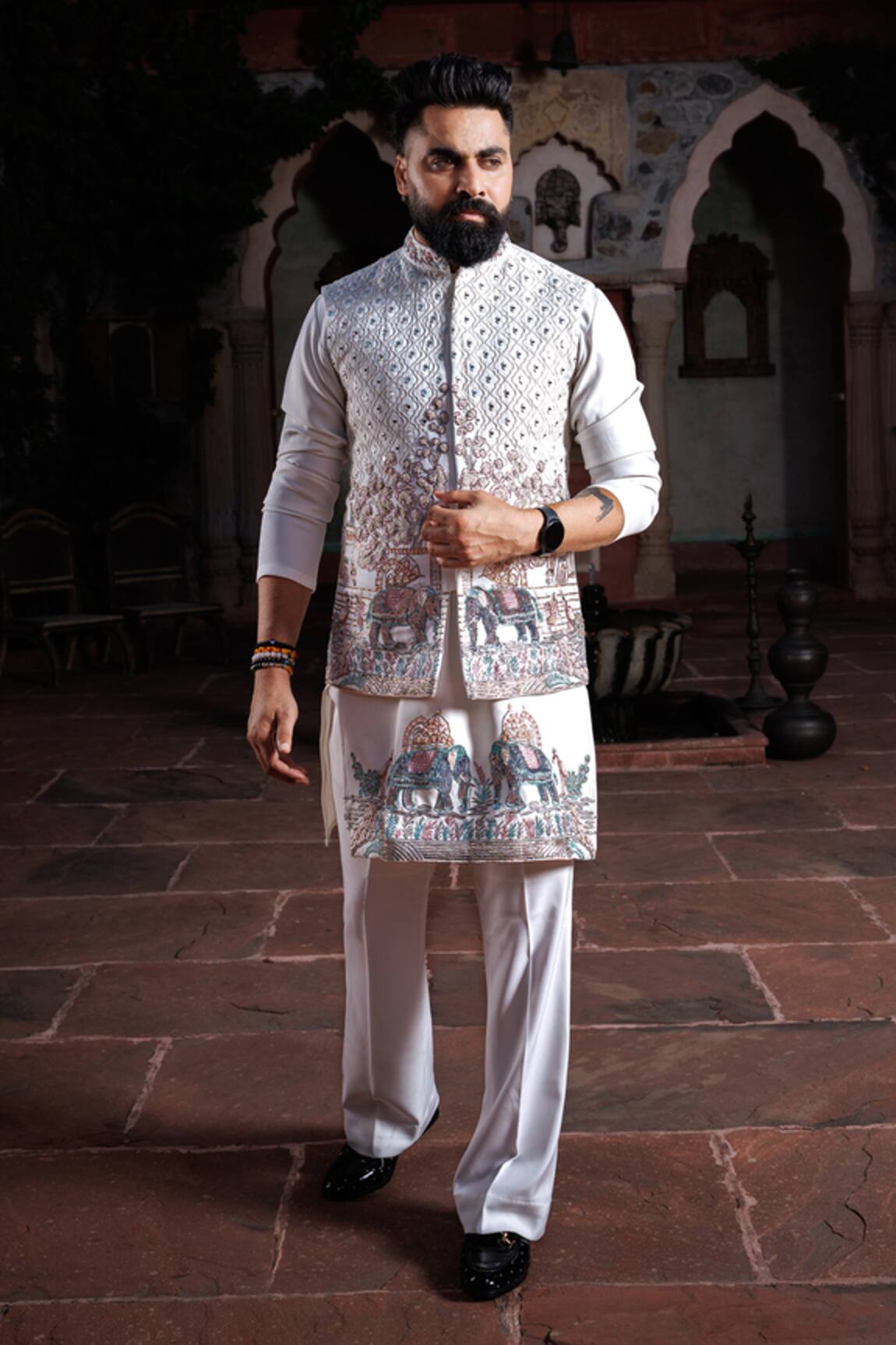 Courtyard By Abhi Resham Embroidered Nehru Jacket & Kurta Set