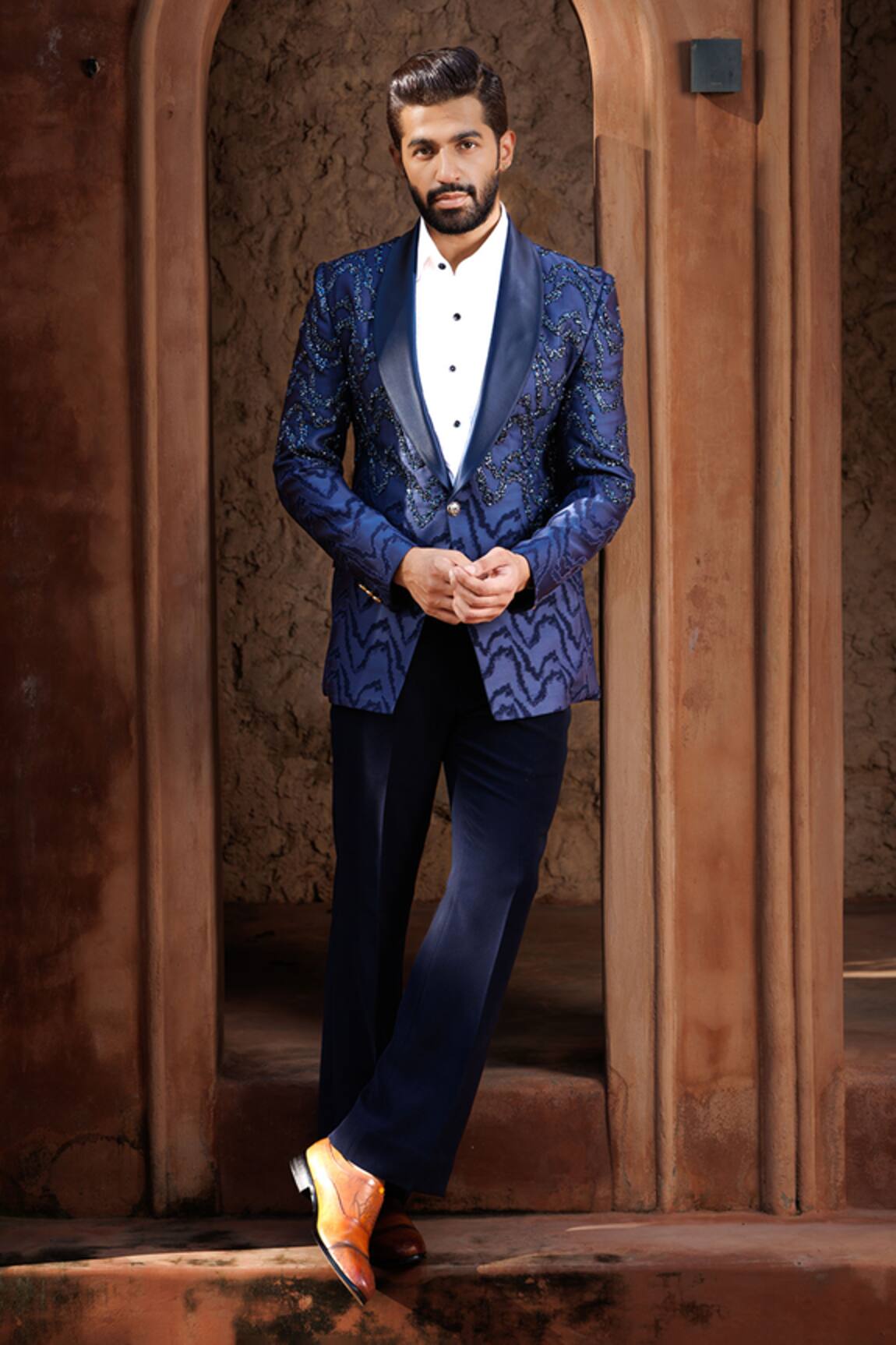 Courtyard By Abhi Wave Lines Embroidered Tuxedo Set