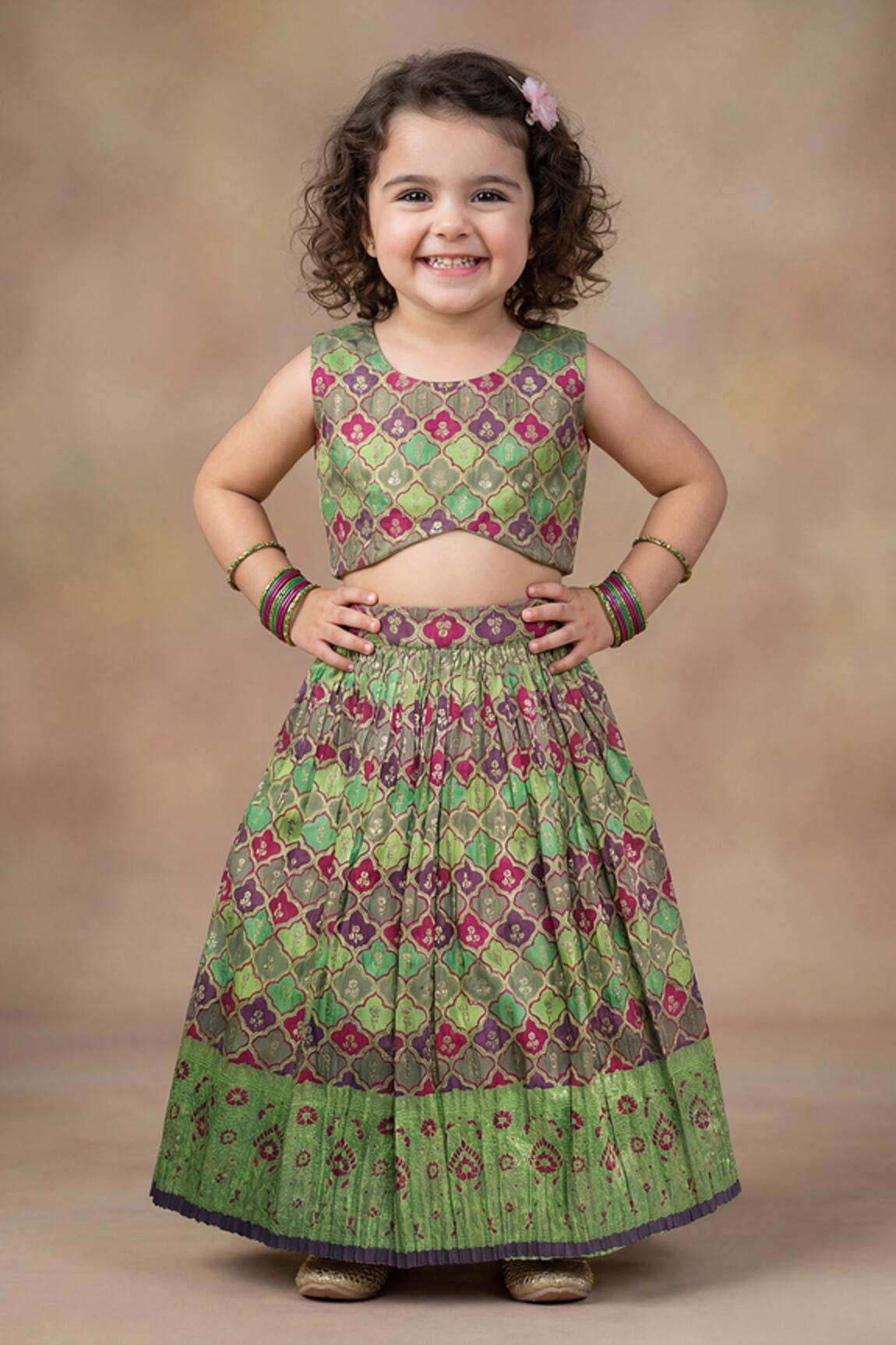 Maaikid Geometric Woven Top & Lehenga Set 