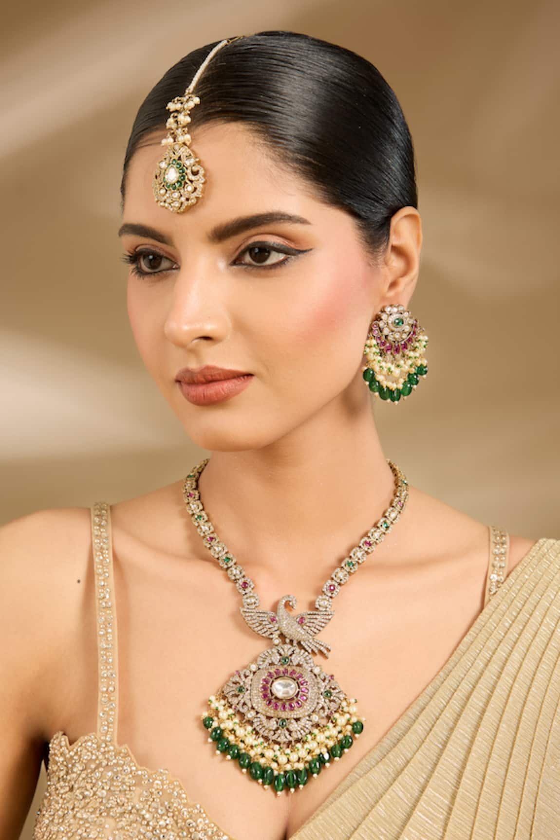 Vivinia By Vidhi Mehra Green & White Stone Long Necklace Set 