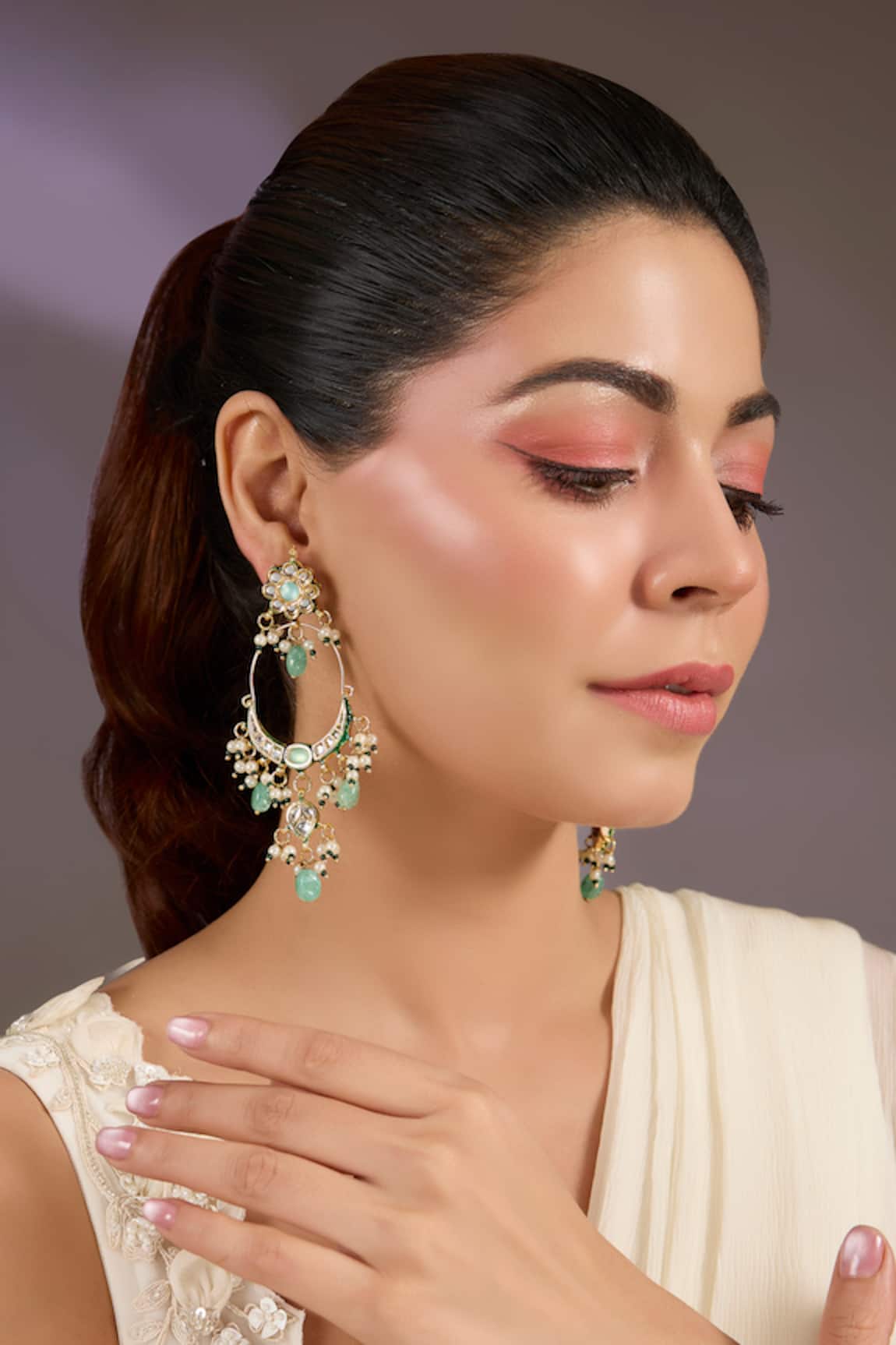 Vivinia By Vidhi Mehra Emerald & Kundan Chandbali Earrings 