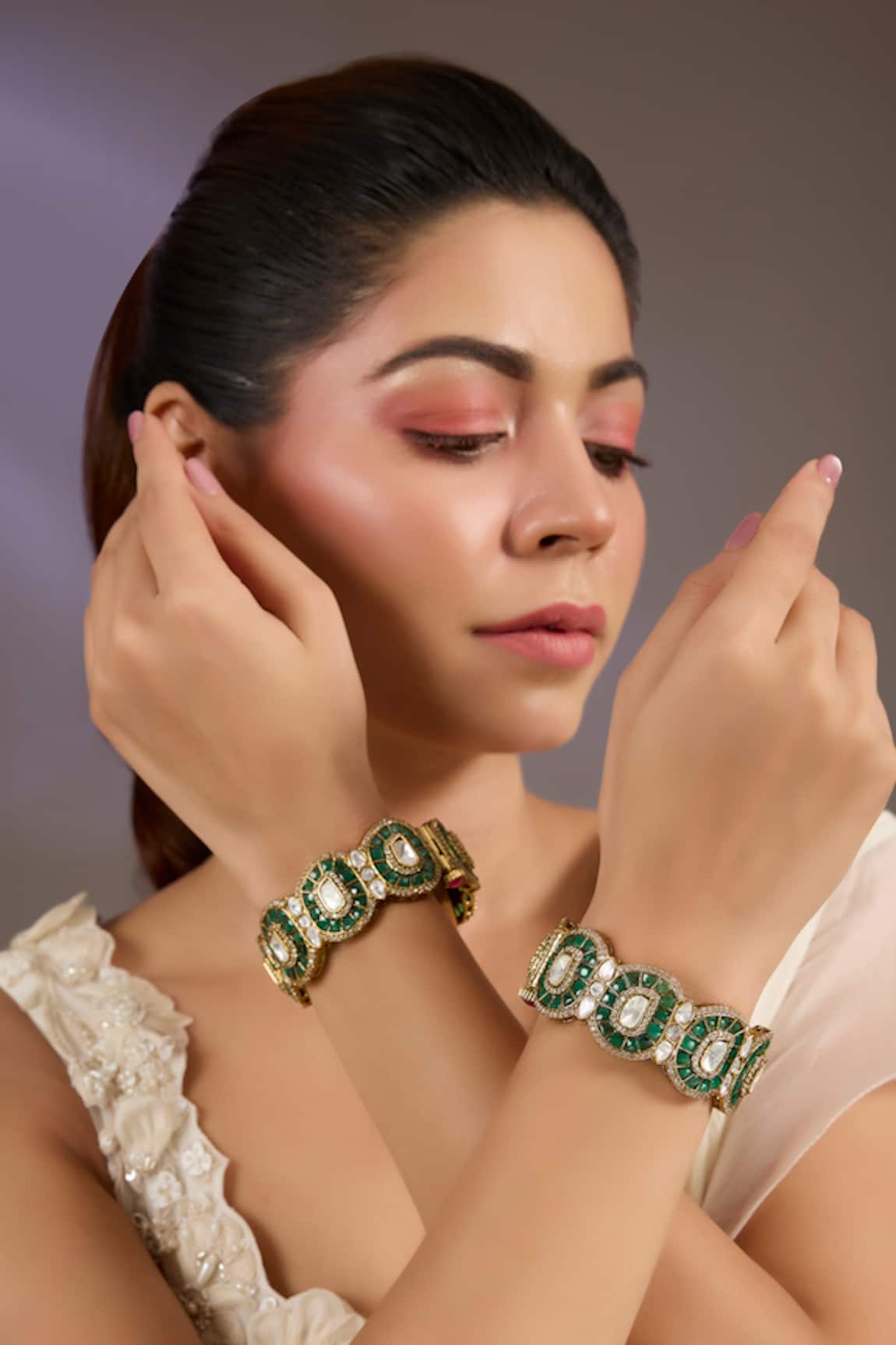 Vivinia By Vidhi Mehra Green Stone Studded Bangles 