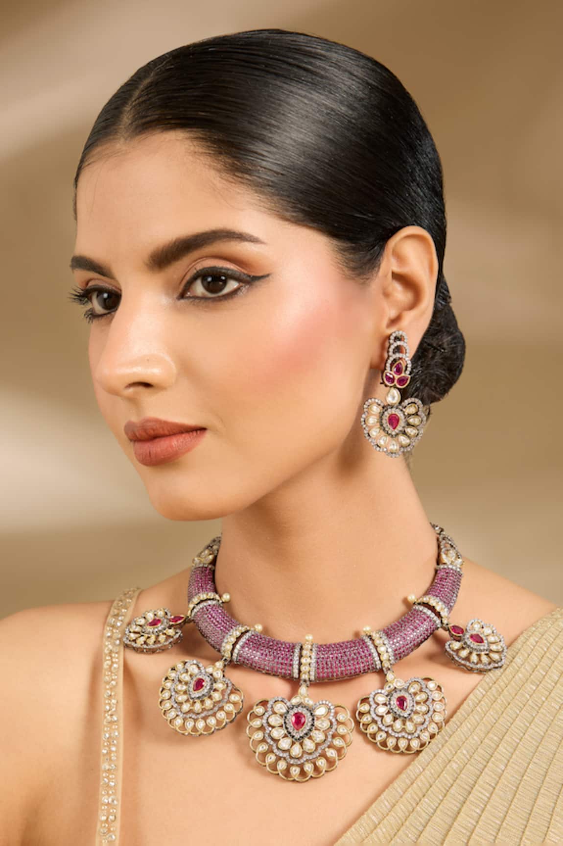 Vivinia By Vidhi Mehra Purple Bead & Kundan Embellished Necklace Set 