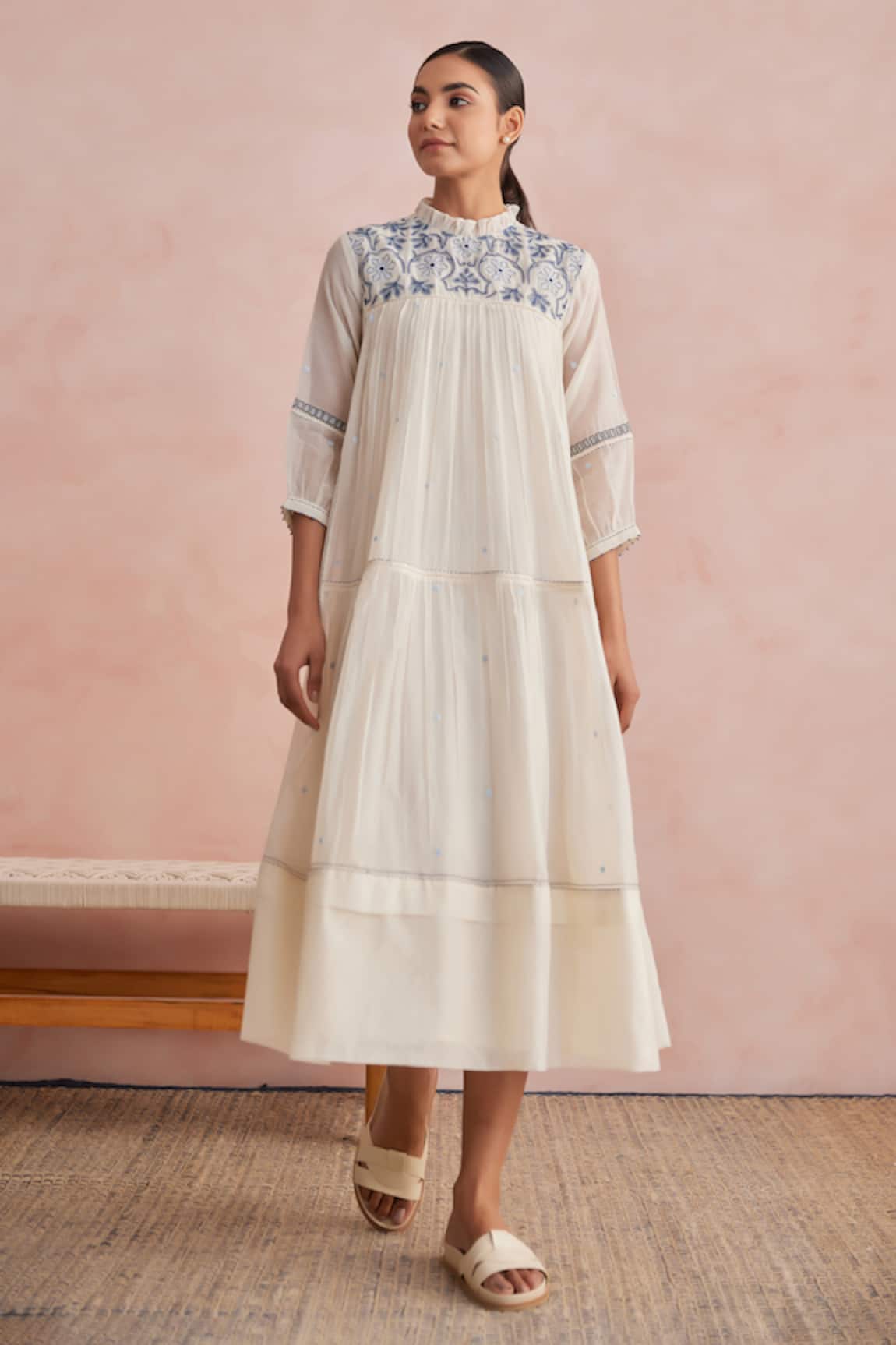 Khamaj India Ellen Chanderi Hand Embroidered Dress 