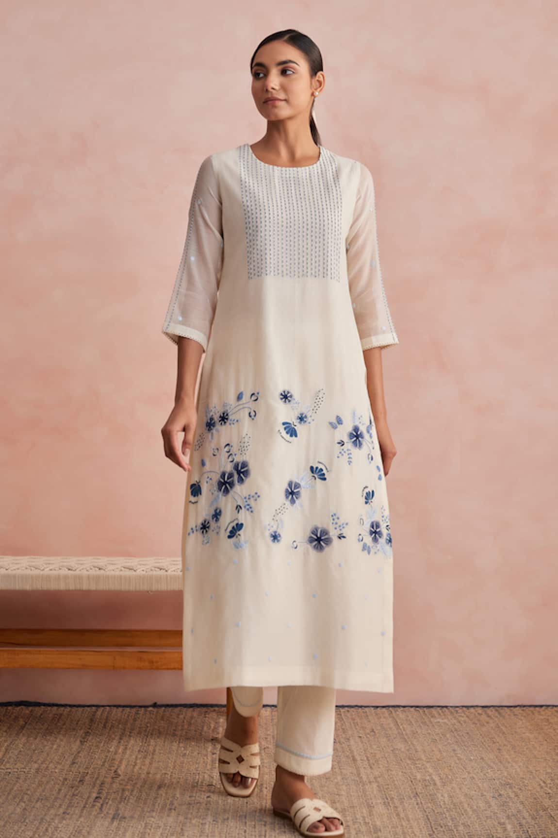 Khamaj India Tulip Floral Embroidered Kurta &Pant Set 