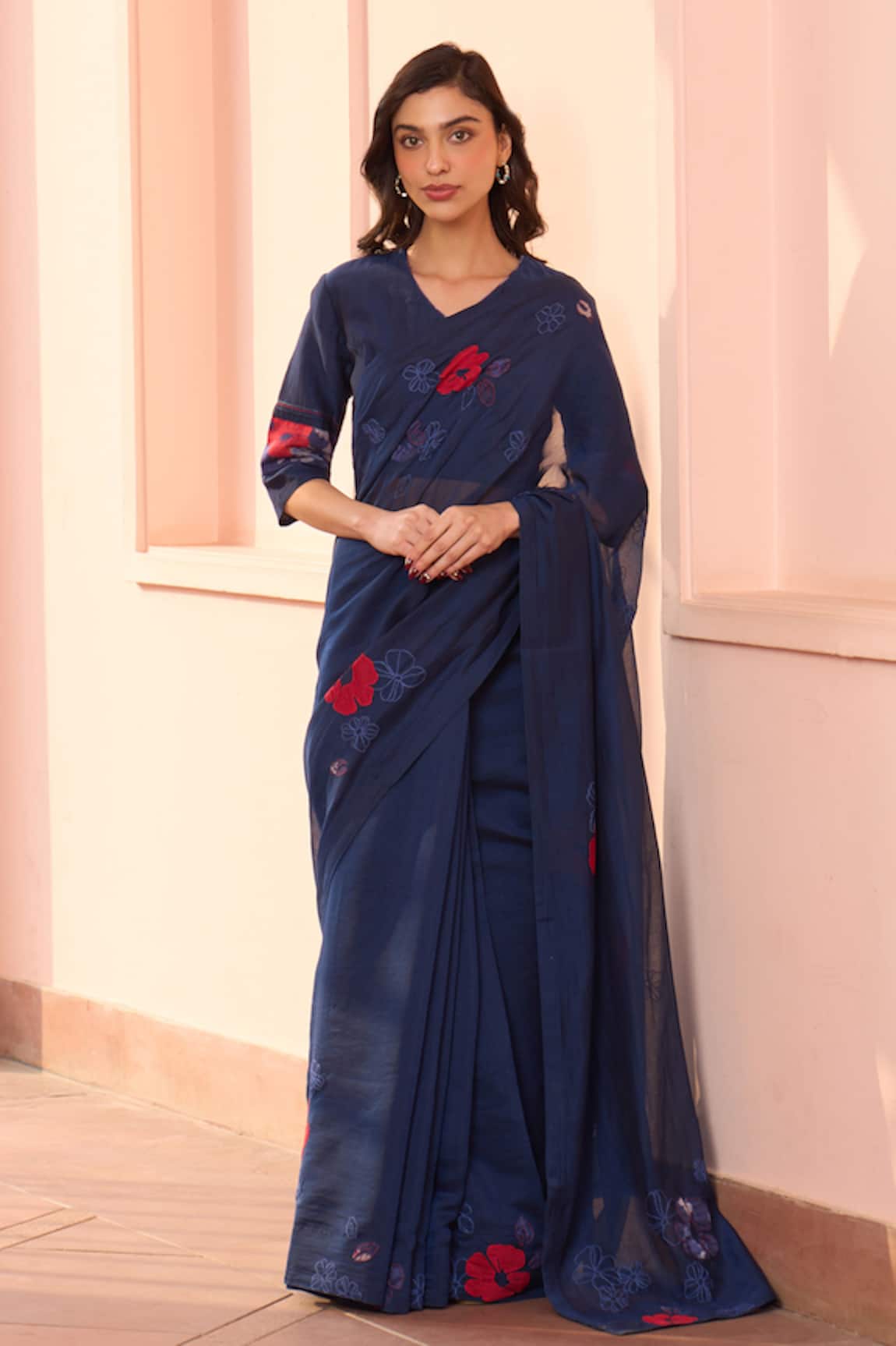 Vaayu Sapphire Floral Applique Saree With Blouse 