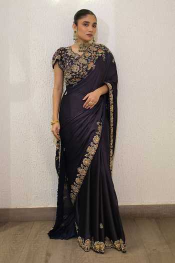 Label Deepshika Agarwal Zardozi Hand Embroidered Modal Satin Saree & Blouse 