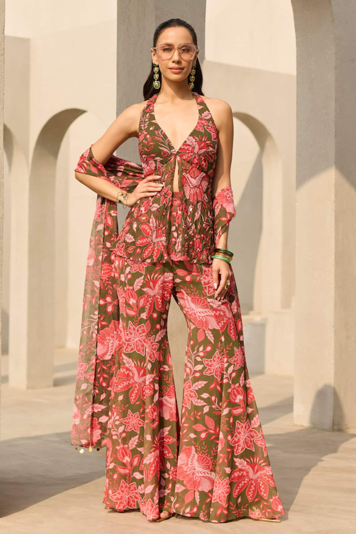 Diyarajvvir Floral Print Peplum Top Sharara Set 