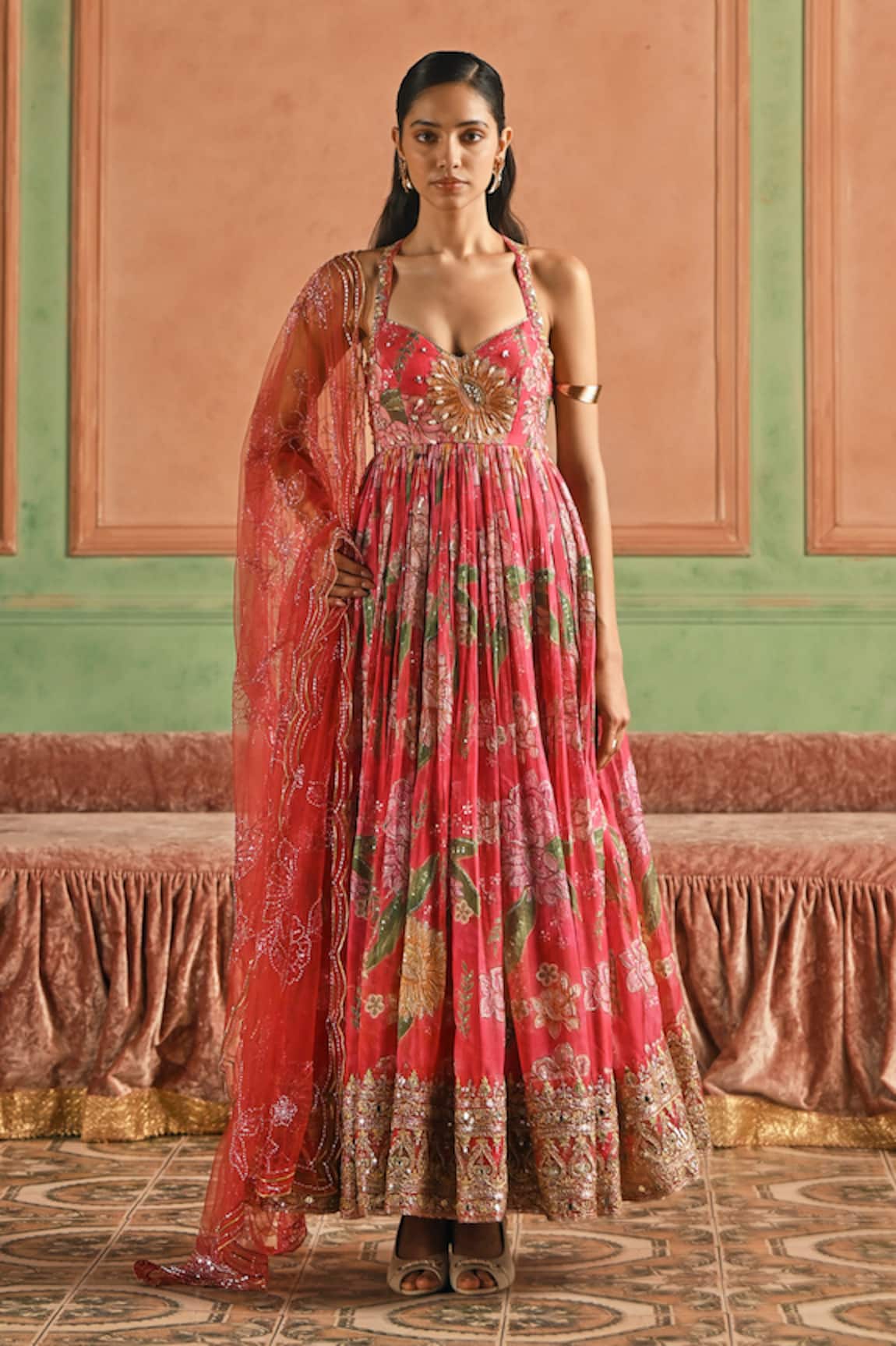 Lashkaraa Floral Embroidered Anarkali Pant Dupatta Set 