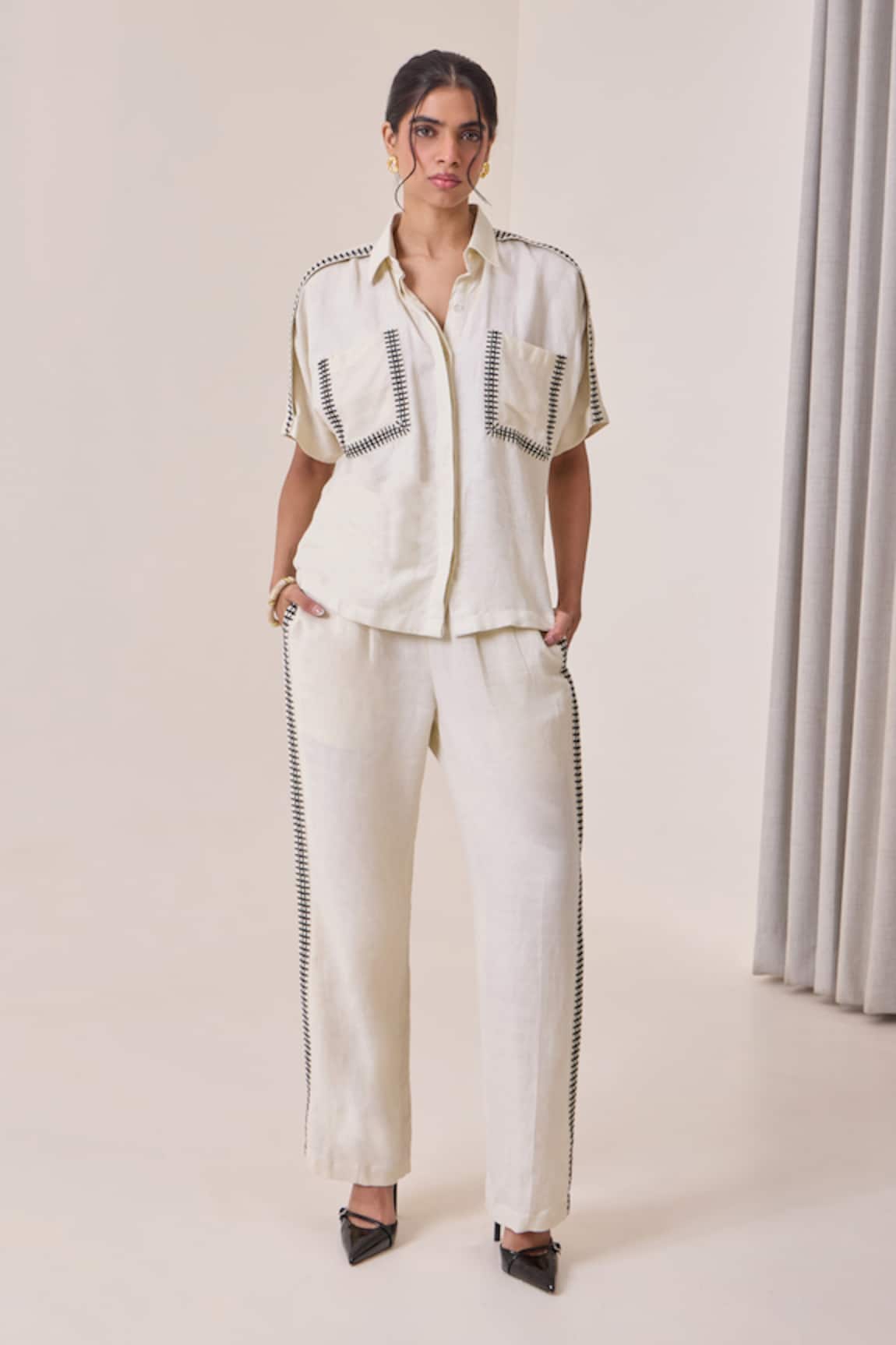 Needleten Embroidered Linen Trouser