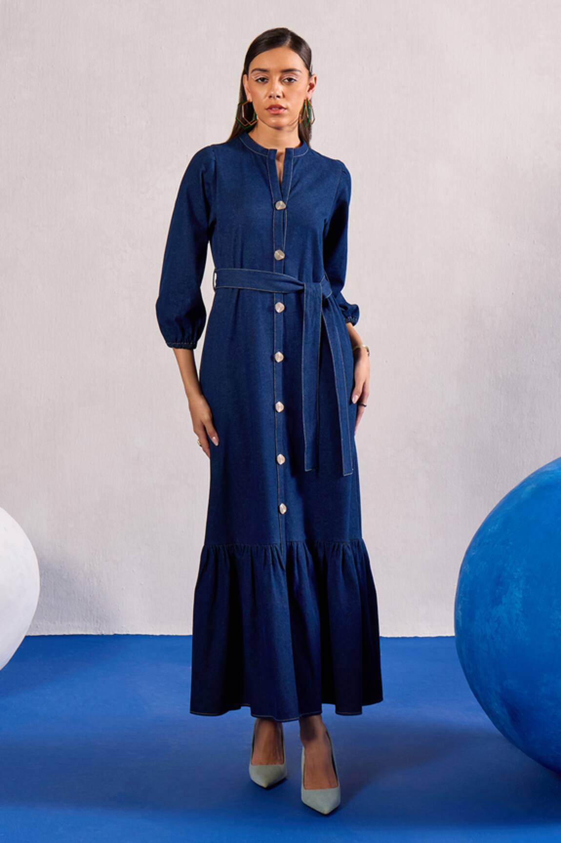 Zazu Denim Collared Maxi Dress With Belt 