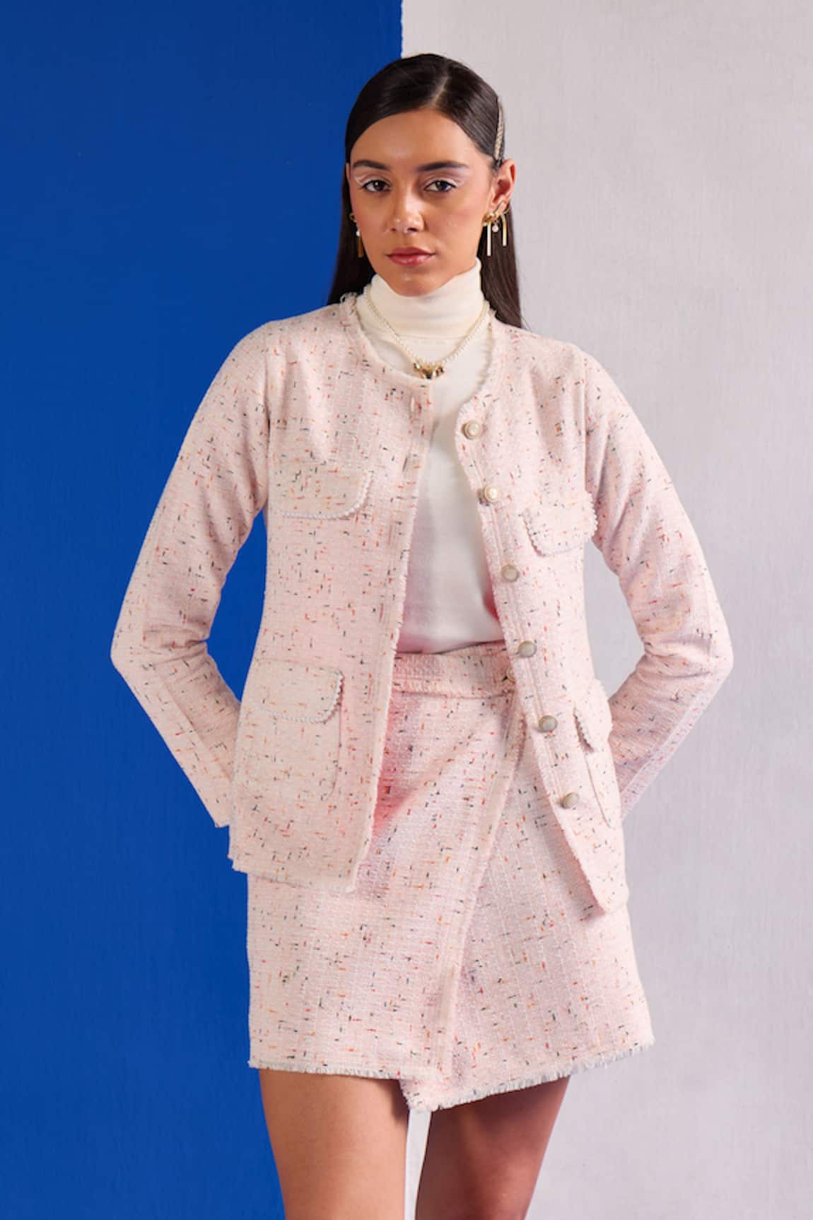 Zazu Tweed Collarless Blazer & Skirt Set 