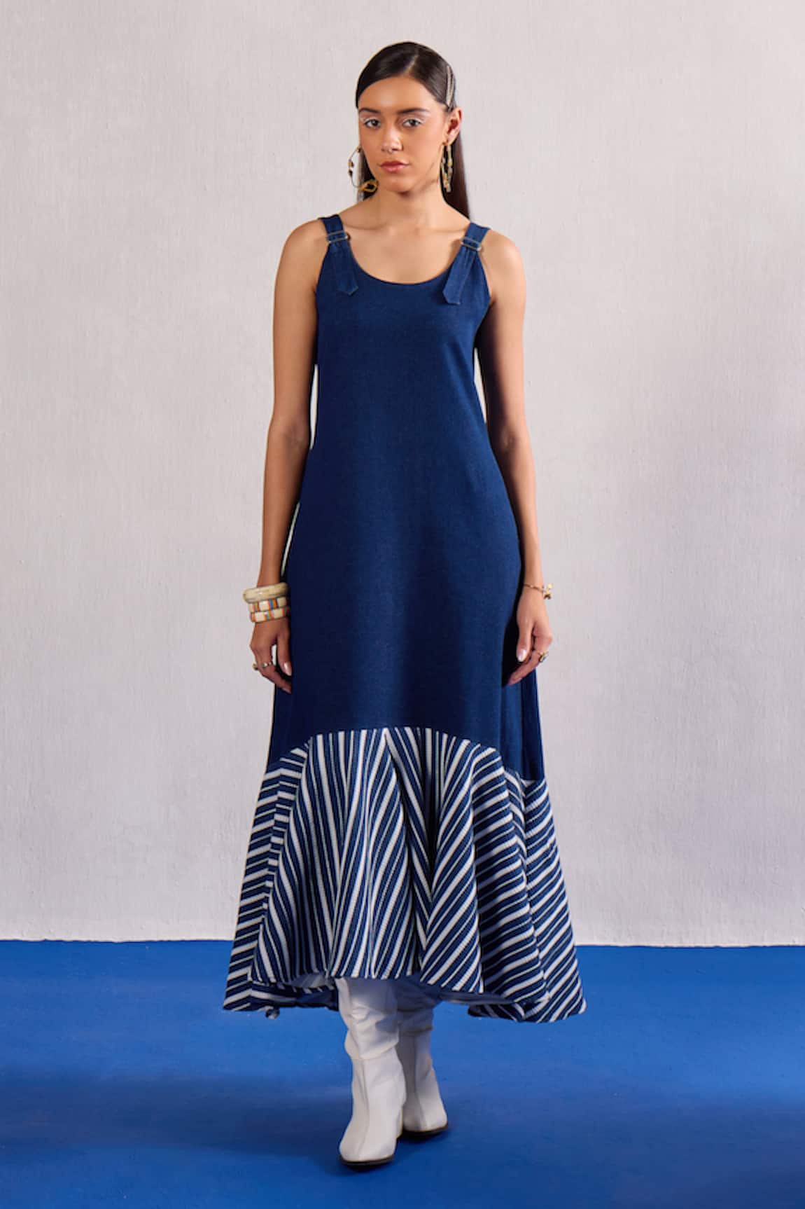 Zazu Denim & Striped Flounce Hem Maxi Dress 