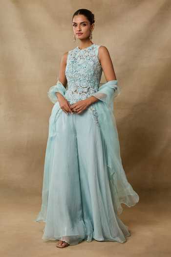 Awigna Embroidered Asymmetrical Top Sharara Dupatta Set 