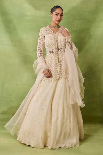Awigna Caramine Embroidered Peplum Kurta Lehenga Set 