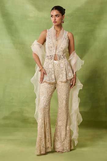 Awigna Emerald Embroidered Peplum Top Pant Set 